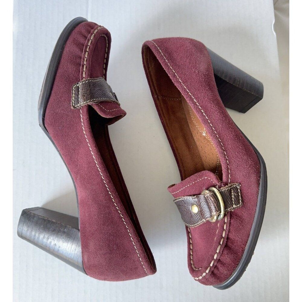 Womens Loafer Shoes Burgundy Suede Pumps Brown Strap Buckle Sz 7 7M - Picture 5 of 13